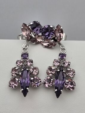 Purple Pink Rhinestone Cluster Dangle Earrings Amethyst 1.5" Vintage Style
